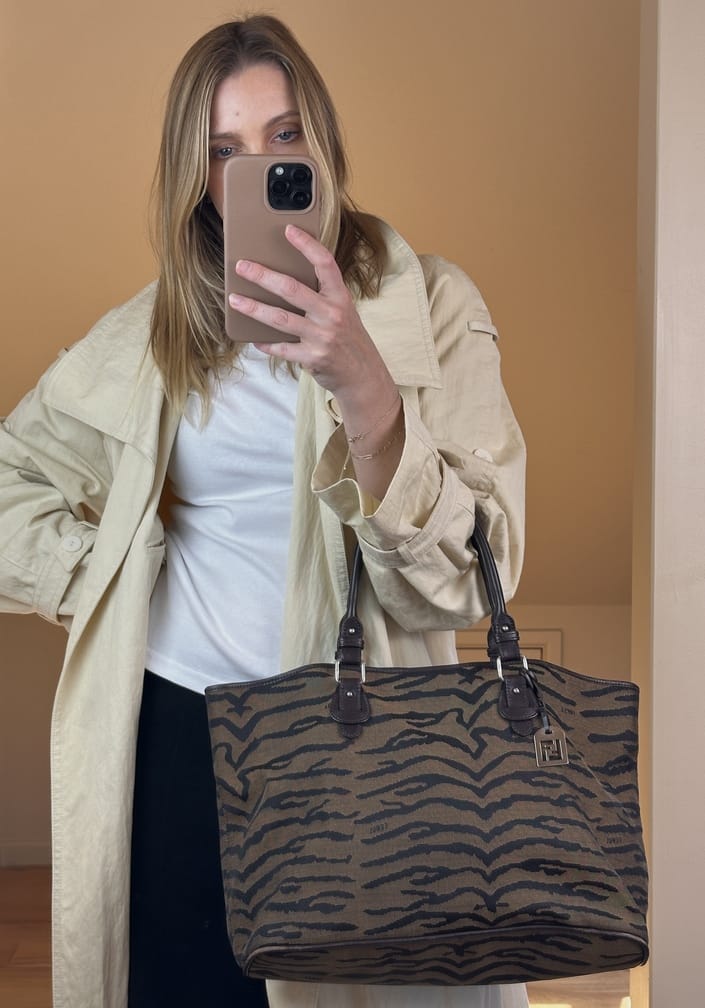 Vintage Fendi Tiger Print Canvas Tote Bag
