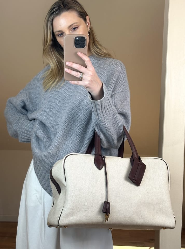 Hermès Victoria 45 Toile and Taurillon Clémence Travel Bag in Ecru / Havane