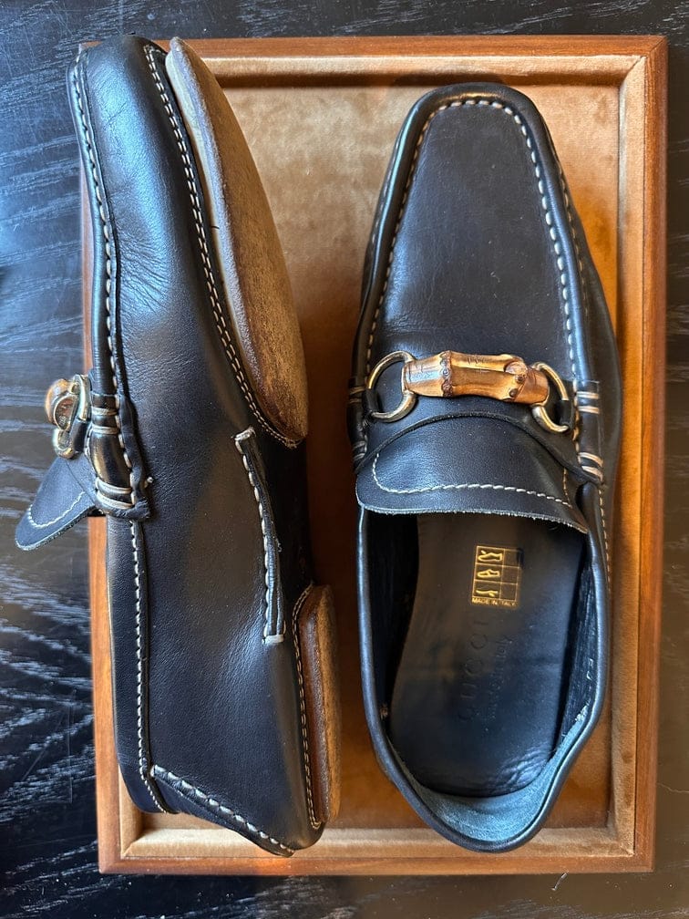 Gucci Vintage Black Leather Bamboo Loafers