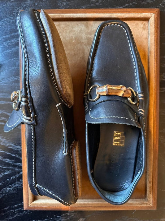 Gucci Vintage Black Leather Bamboo Loafers
