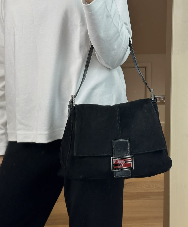 Vintage Fendi Black Suede Mamma Baguette Bag with Red Silver FF Clasp