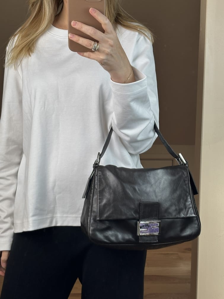 Vintage Fendi Brown Leather Mamma Baguette Bag with Purple FF Clasp