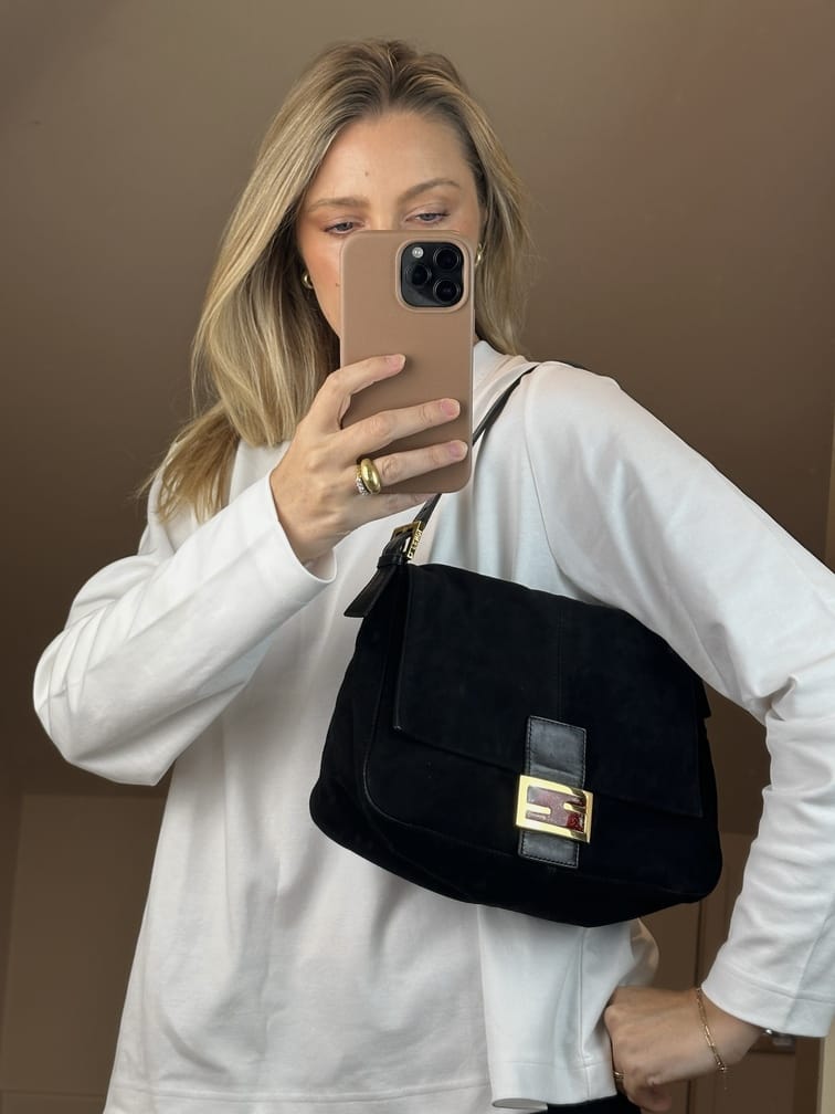 Vintage Fendi Black Suede Mamma Baguette Bag with Red Glitter FF Clasp