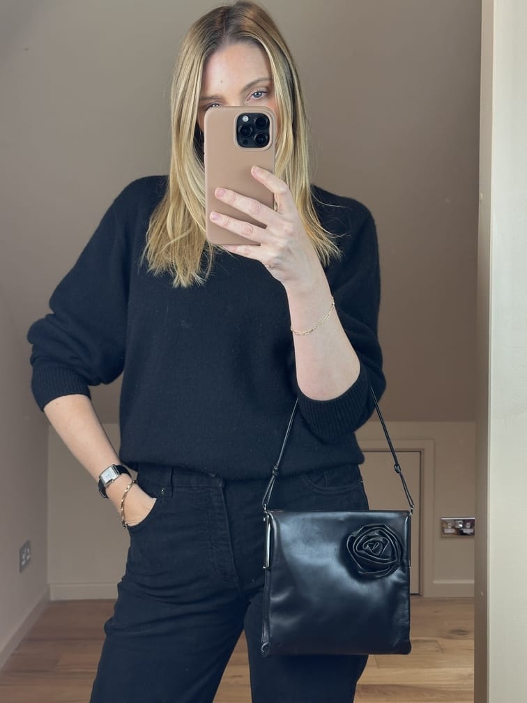 Vintage Gucci Black Leather Rose Shoulder Bag