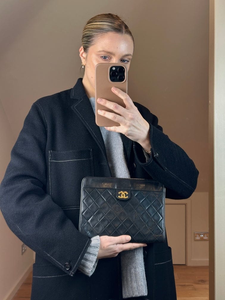 Vintage Chanel Black Leather Clutch Bag With 24k Gold Plated Hardware