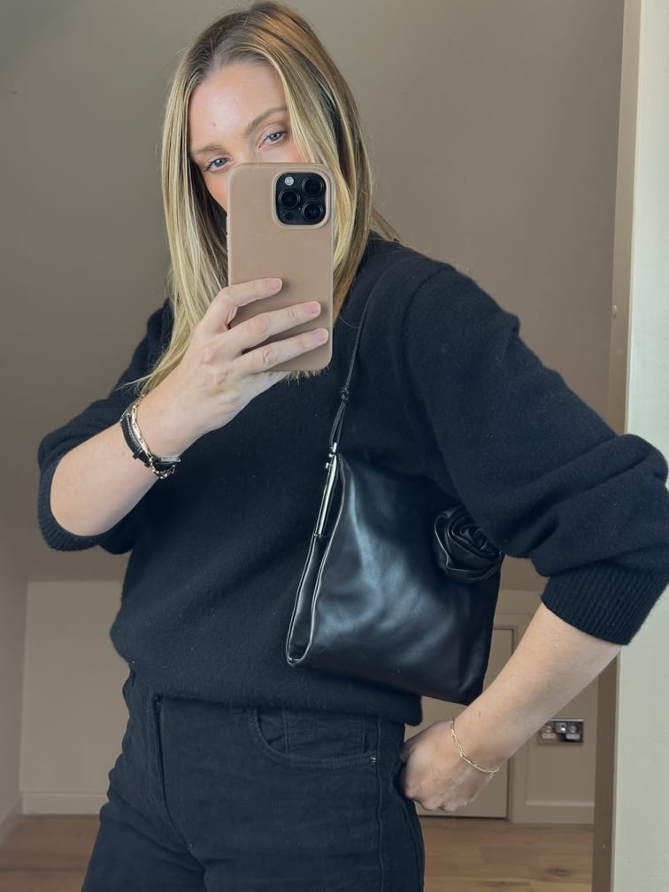 Vintage Gucci Black Leather Rose Shoulder Bag