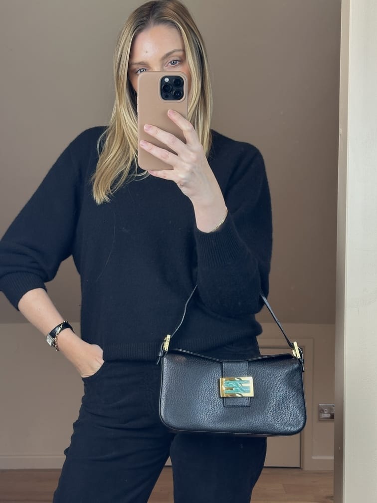 Vintage Fendi Black Leather Baguette with Turquoise FF Clasp