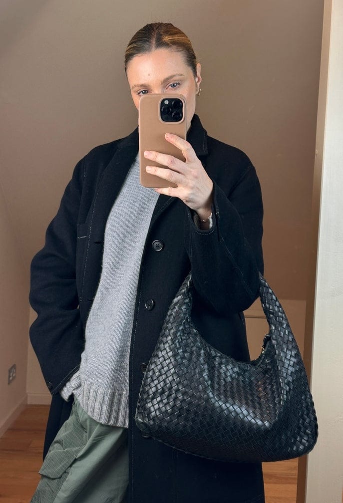 Vintage Bottega Veneta Black Intrecciato Leather Hobo Shoulder Bag