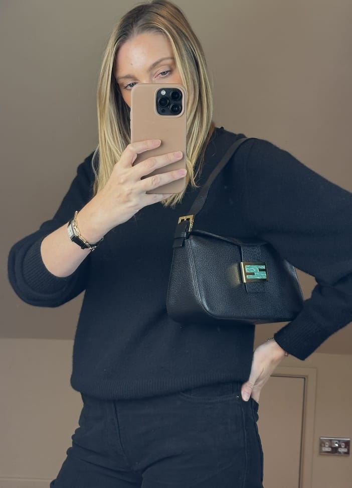 Vintage Fendi Black Leather Baguette with Turquoise FF Clasp