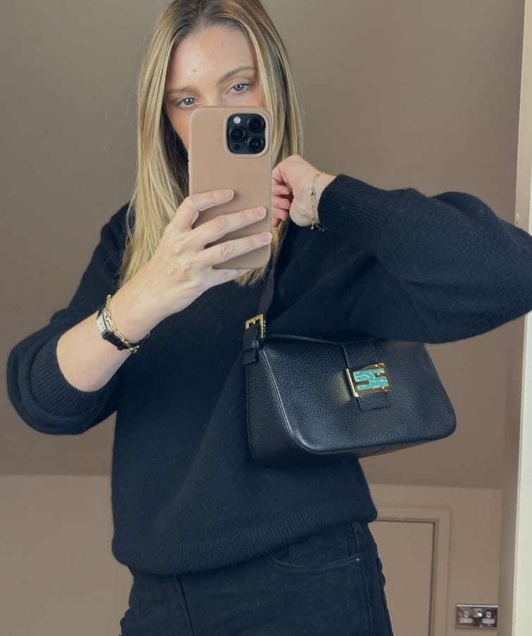 Vintage Fendi Black Leather Baguette with Turquoise FF Clasp