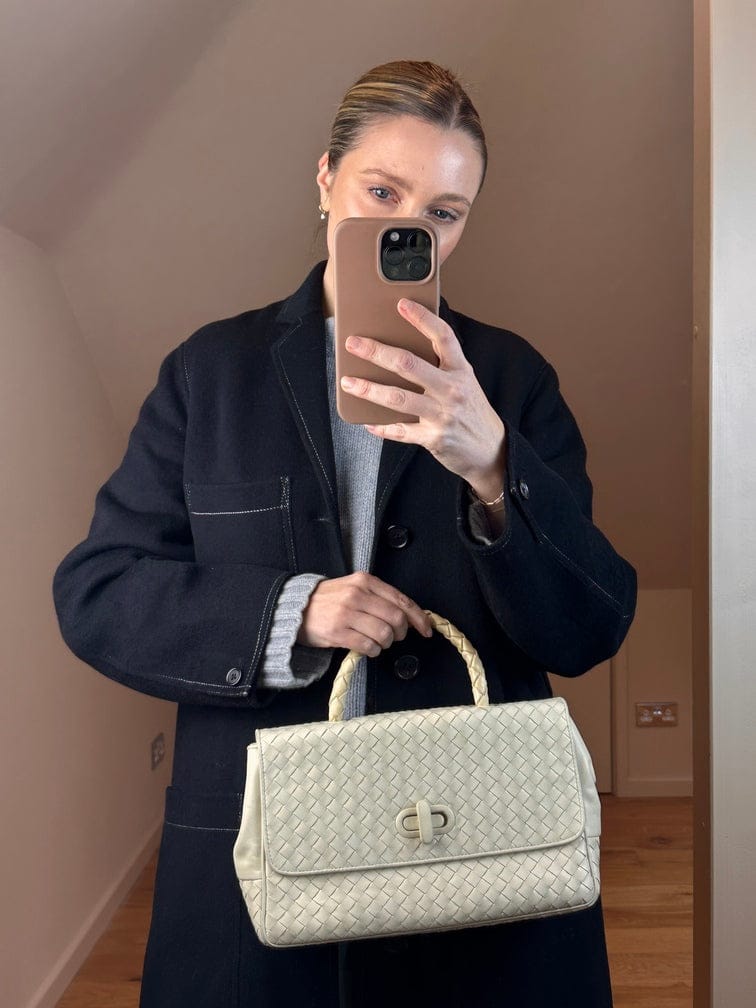 Vintage Bottega Veneta Cream Intrecciato Leather Top Handle Bag