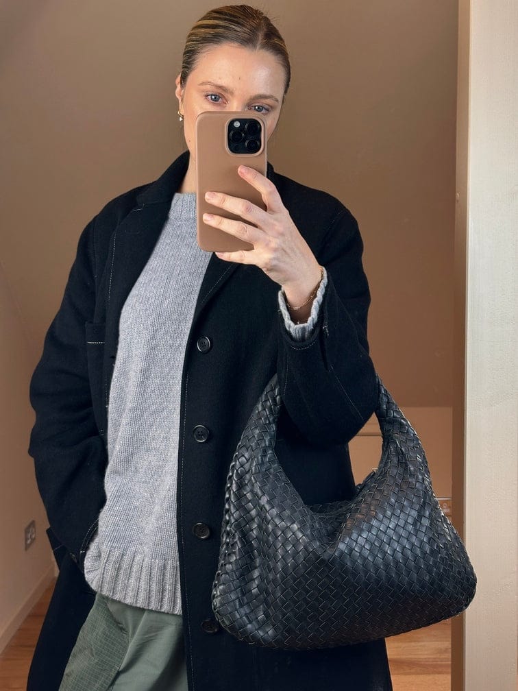 Vintage Bottega Veneta Black Intrecciato Leather Hobo Shoulder Bag