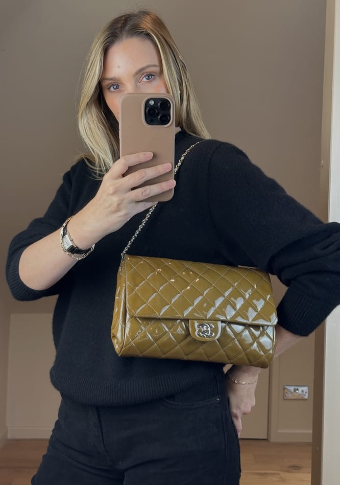 Vintage Chanel Olive Green Quilted Patent Leather Flap Shoulder Bag 2011