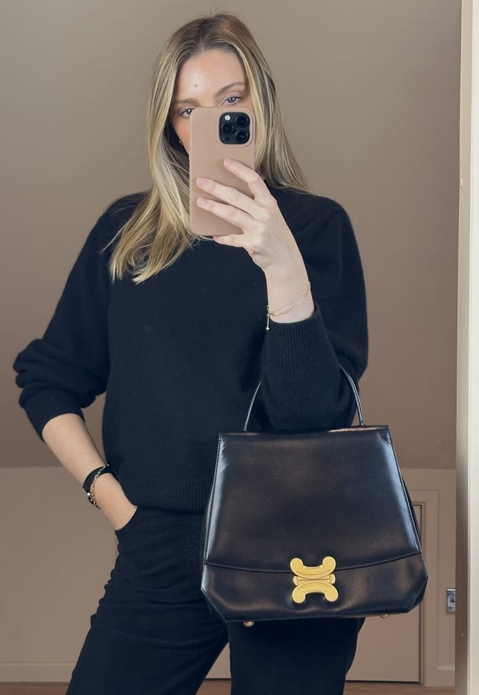 Vintage Celine Black Leather Triomphe Clasp Top Handle Bag