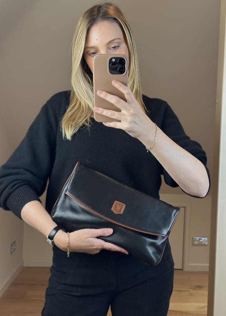 Vintage Celine Black Leather Triomphe Logo Clutch Bag