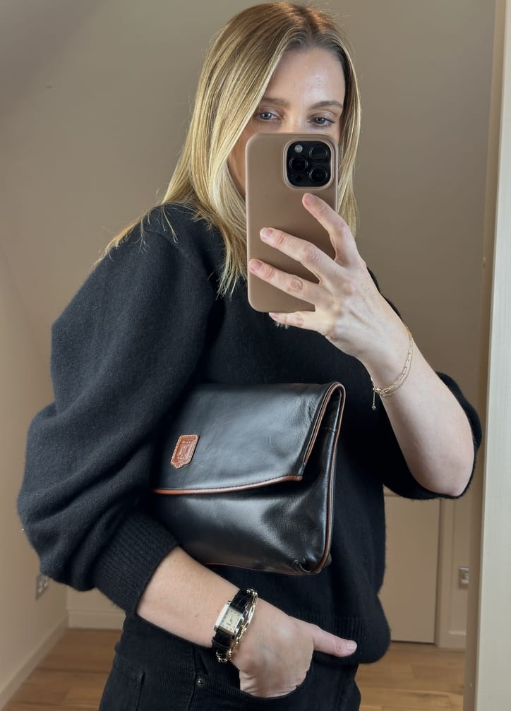 Vintage Celine Black Leather Triomphe Logo Clutch Bag