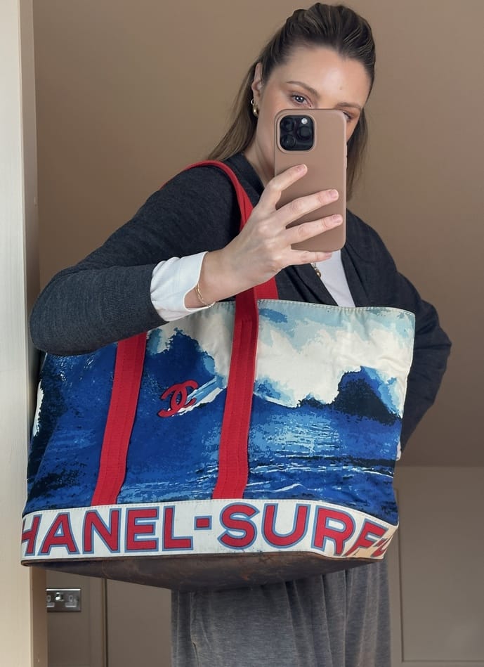 Vintage Chanel Surf Tote Bag Blue Canvas With Red Straps