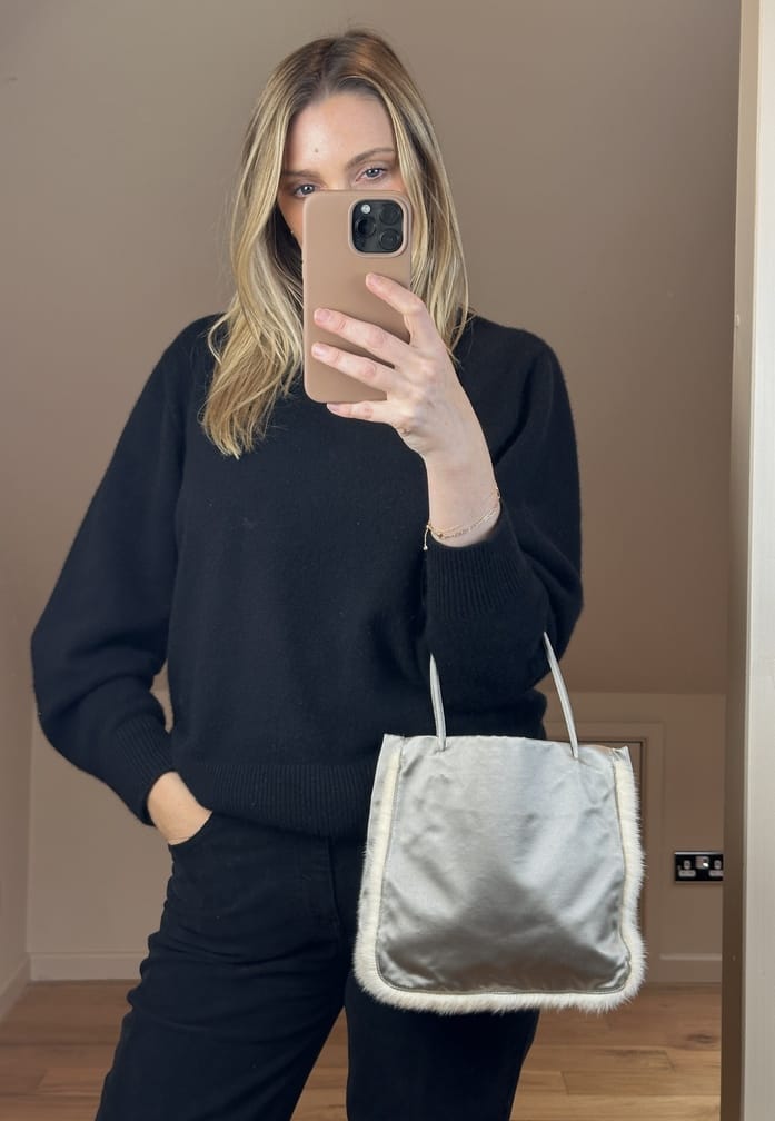 Vintage Prada Pearl Silk and Rabbit Fur Trim Tote Bag