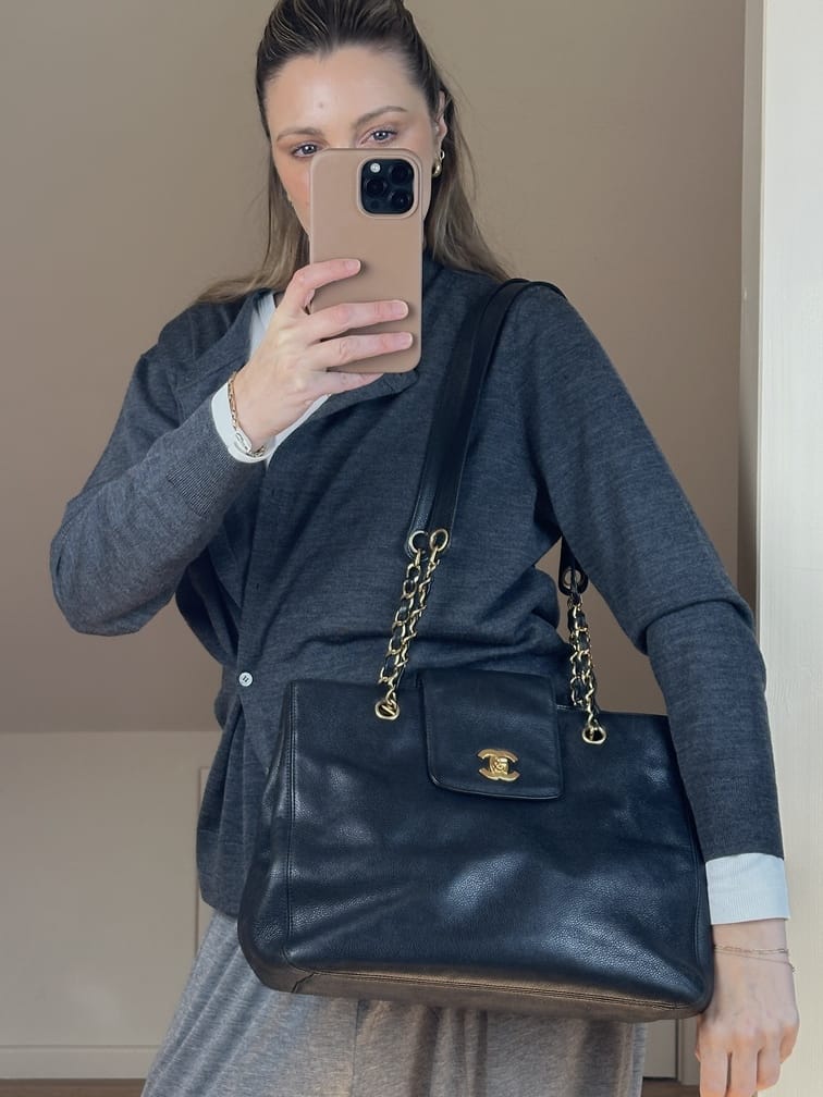 Vintage Chanel Supermodel Tote Bag Black Caviar Leather With 24k Gold Plated Hardware