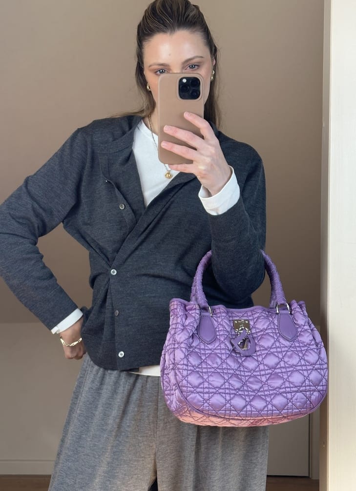 Vintage Christian Dior Purple Cannage Quilted Satin and Leather Charming Tote Bag