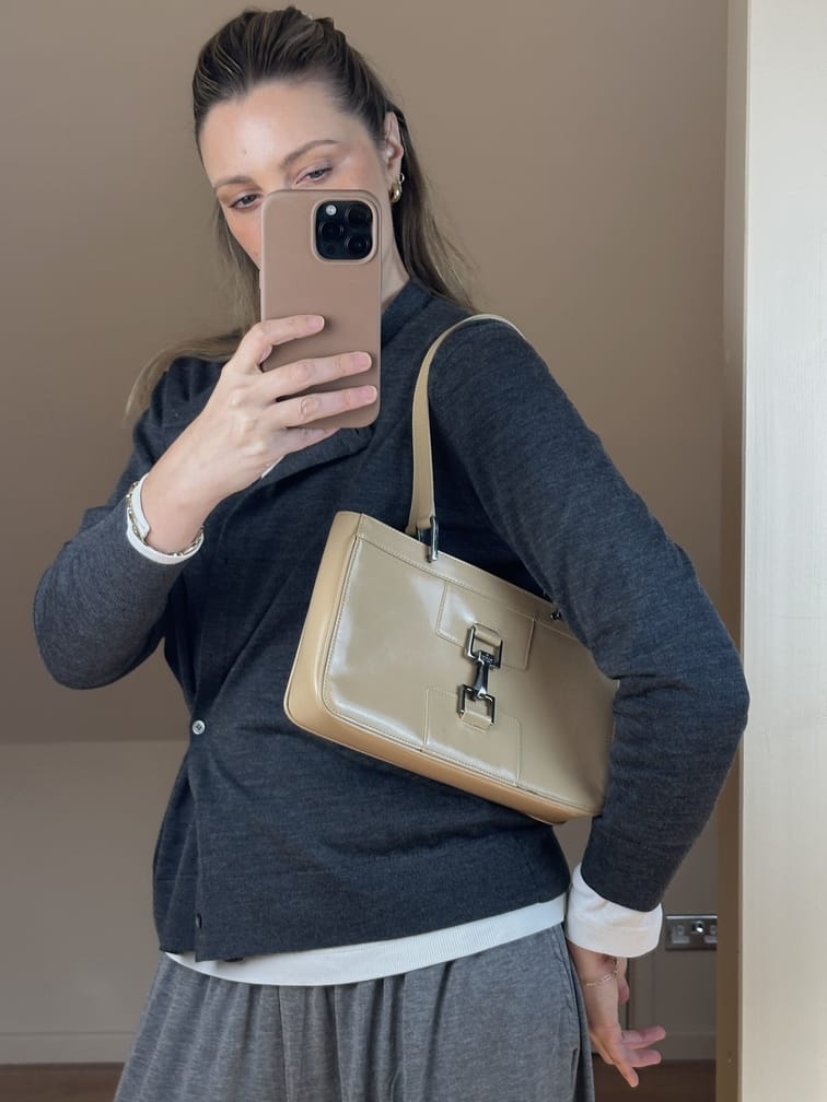 Vintage Gucci Cream Leather Shoulder Bag With Silver Tone Hardware