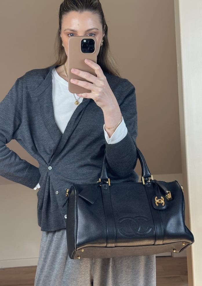 Vintage Chanel Boston Bag Black Caviar Leather With Gold Tone Hardware