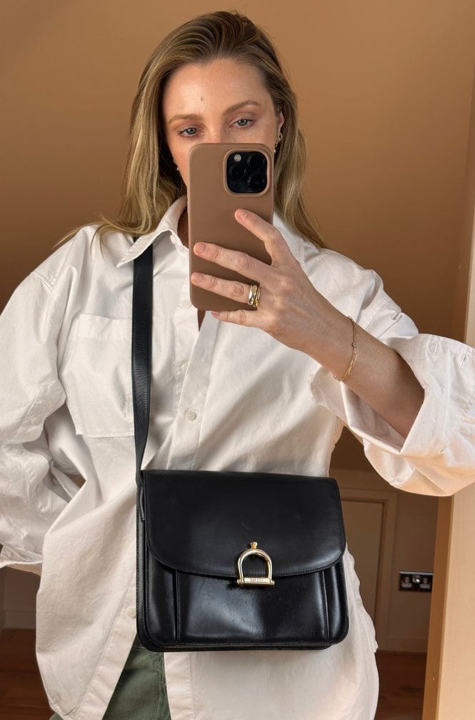 Vintage Celine Horsebit Flap Shoulder Bag in Black Leather