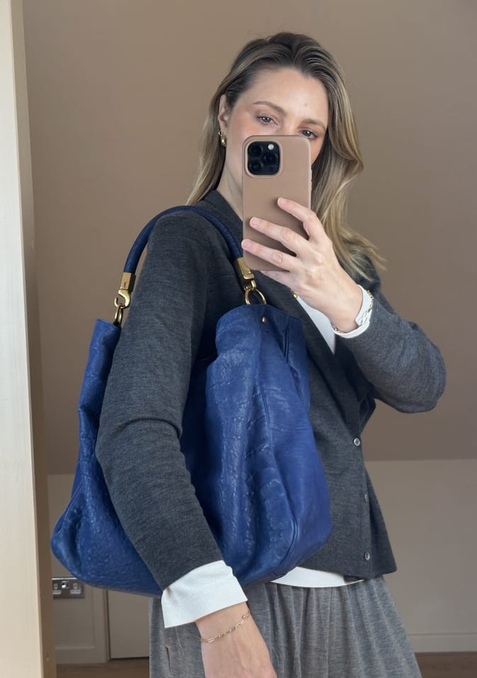Vintage Yves Saint Laurent Roady Hobo Bag Blue Leather With Gold Tone Hardware