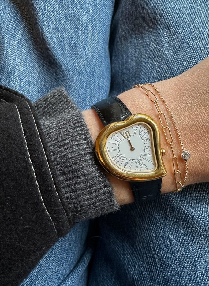 Vintage YSL Heart Gold Plated Watch with Black Leather Strap – The