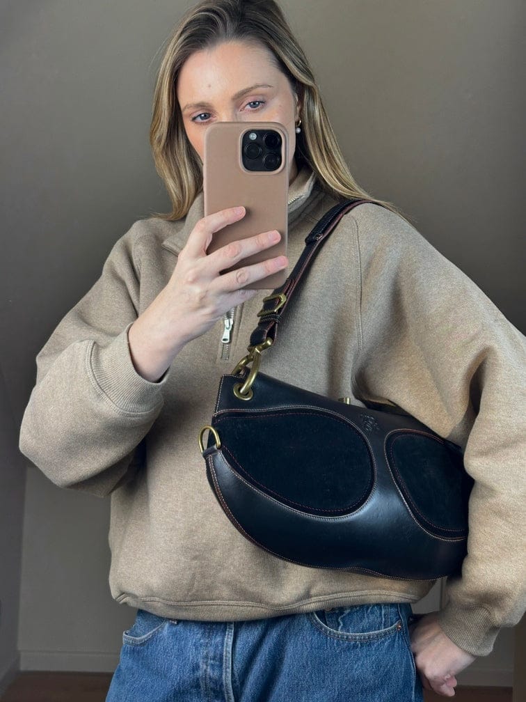 Vintage Loewe Black Leather and Suede Shoulder Bag