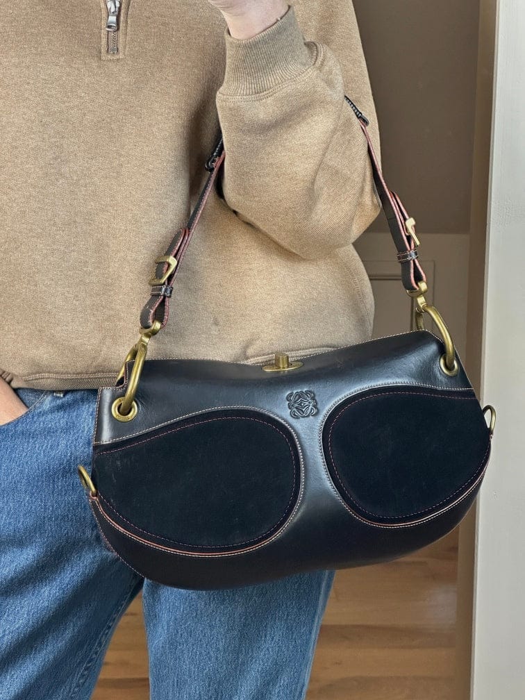 Vintage Loewe Black Leather and Suede Shoulder Bag