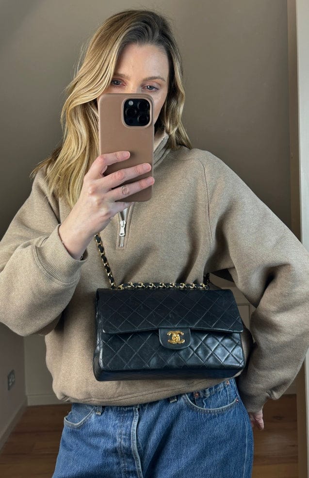 Vintage Chanel Classic Double Flap Bag Medium Black Lambskin Leather With 24k Gold Plated Hardware