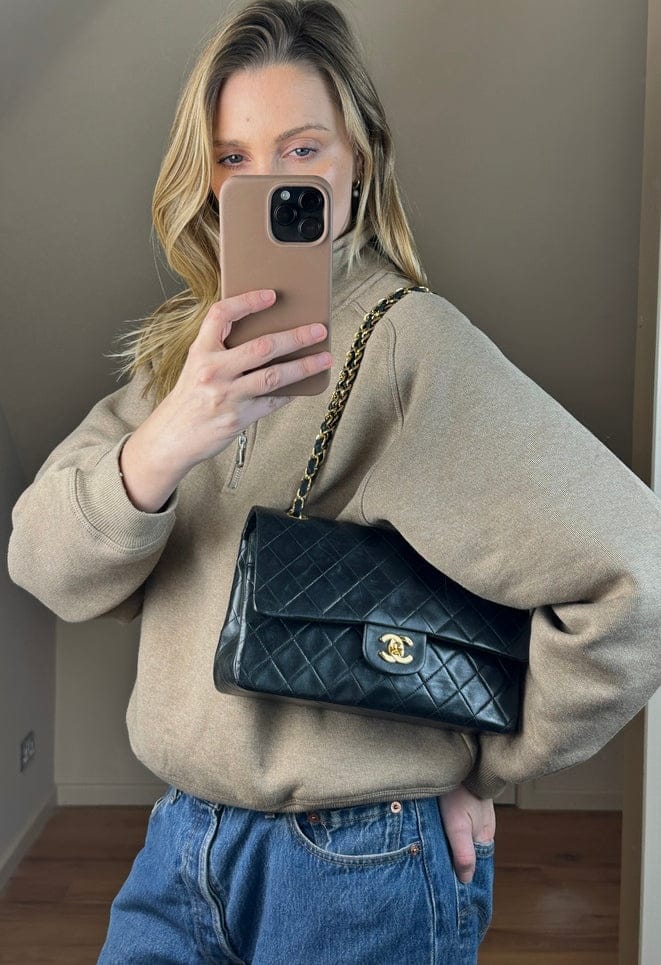 Vintage Chanel Classic Double Flap Bag Medium Black Lambskin Leather With 24k Gold Plated Hardware