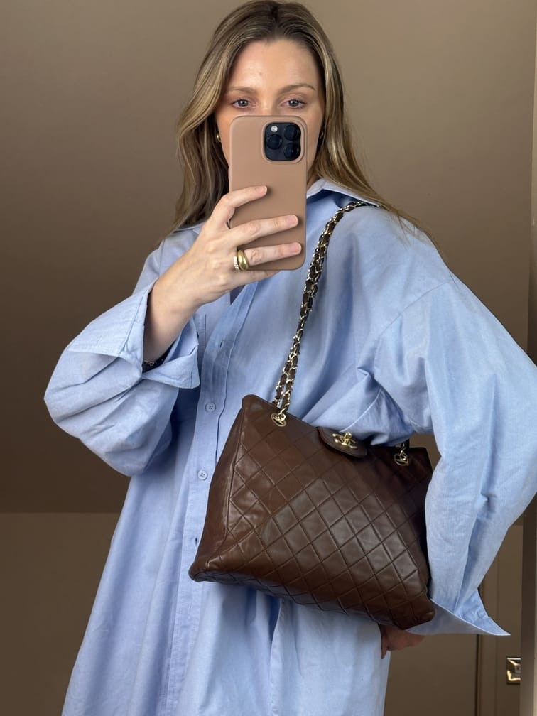 Vintage Chanel Quilted Brown Lambskin Tote Bag with 24k Gold Plated Hardware