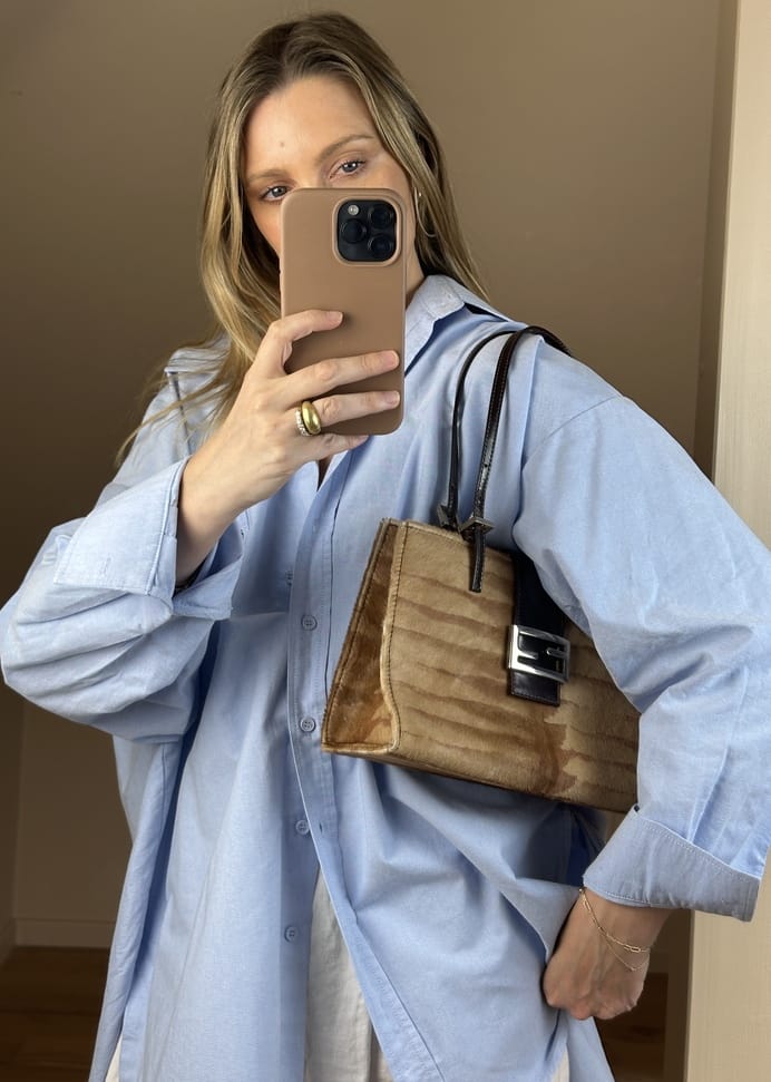 Vintage Fendi Calf Hair Shoulder Bag in Camel and Brown Leather