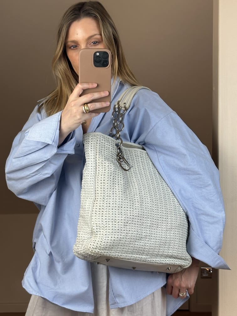 Vintage Christian Dior Woven Leather Tote Bag in White and Silver