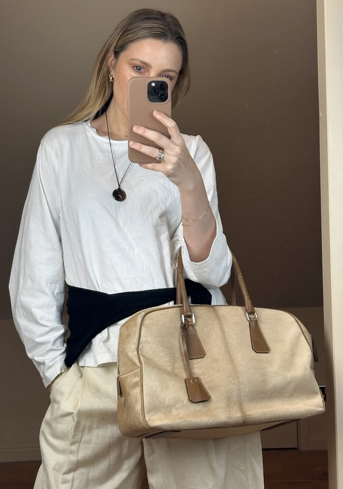 Vintage Prada Cream Calf Hair Bowling Bag