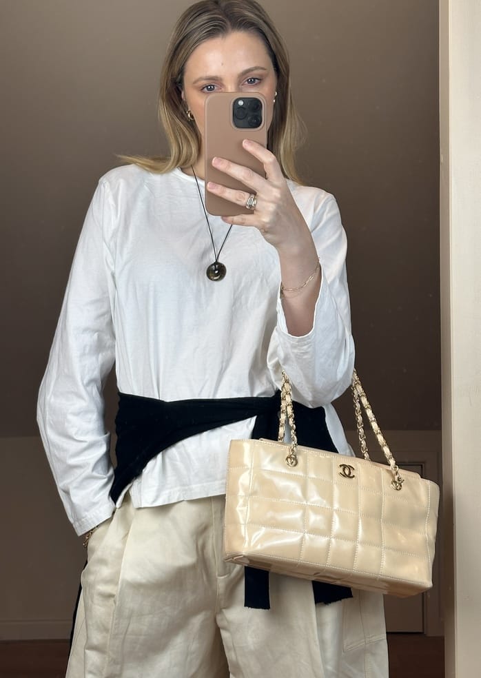 Vintage Chanel Beige Patent Leather Chain Tote Bag