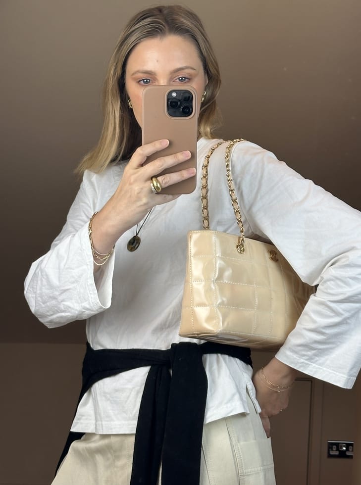 Vintage Chanel Beige Patent Leather Chain Tote Bag