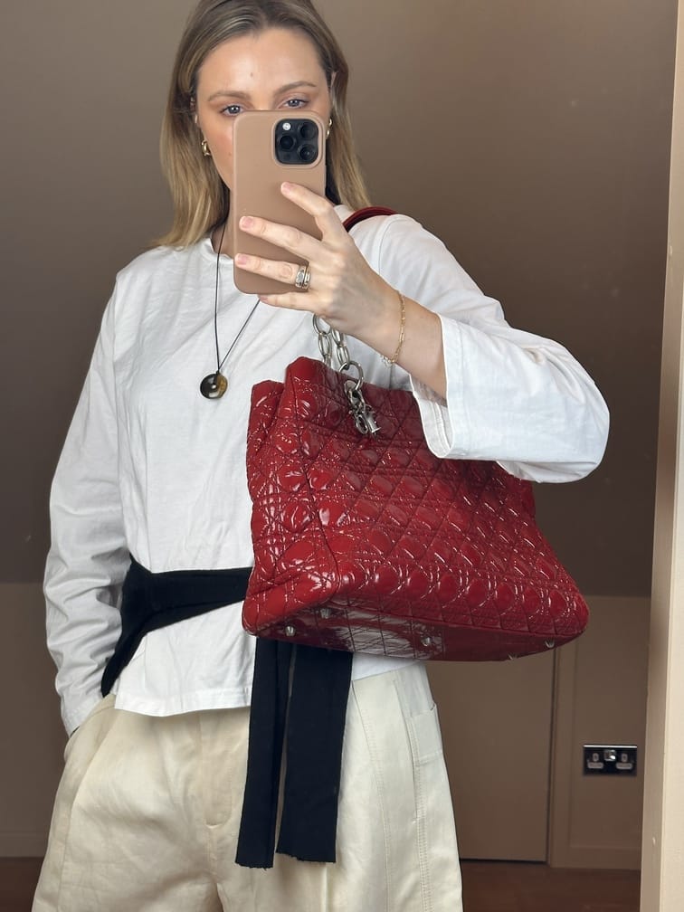 Vintage Christian Dior Cannage Red Patent Leather Tote Bag