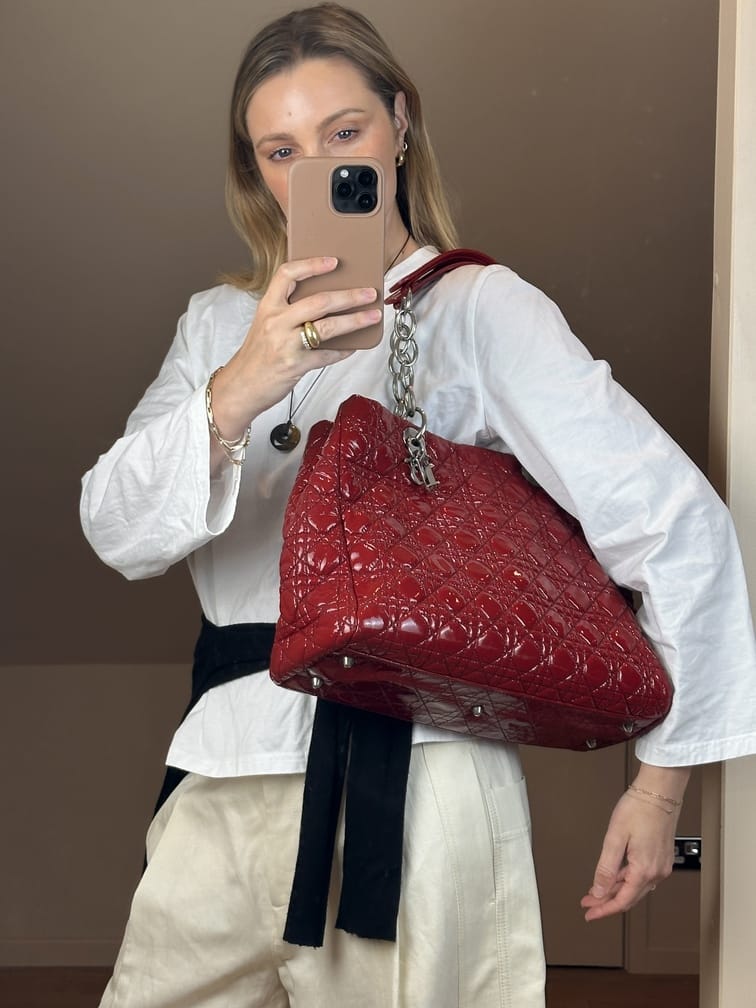 Vintage Christian Dior Cannage Red Patent Leather Tote Bag