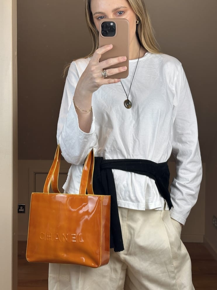 Vintage Chanel Orange Patent Leather Tote Bag