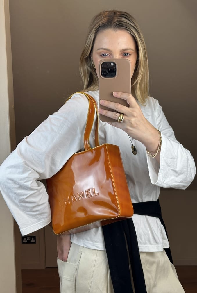 Vintage Chanel Orange Patent Leather Tote Bag