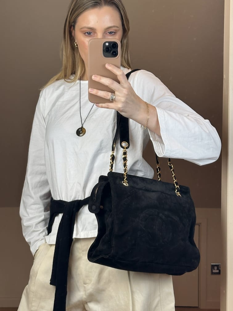 Vintage Chanel Black Suede CC Shoulder Bag