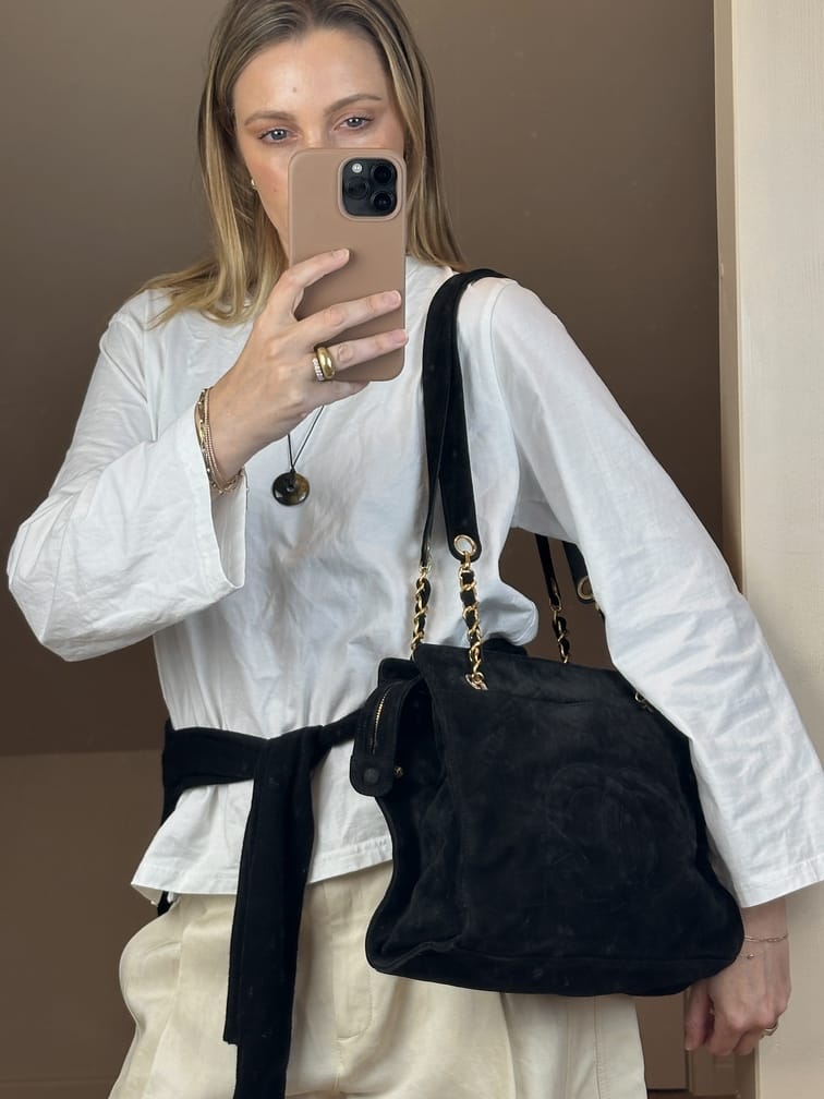 Vintage Chanel Black Suede CC Shoulder Bag