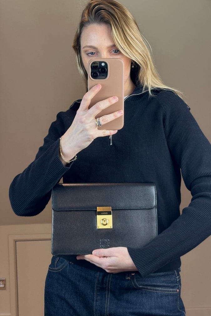 Loewe Vintage Black Leather Clutch Bag With Original Box