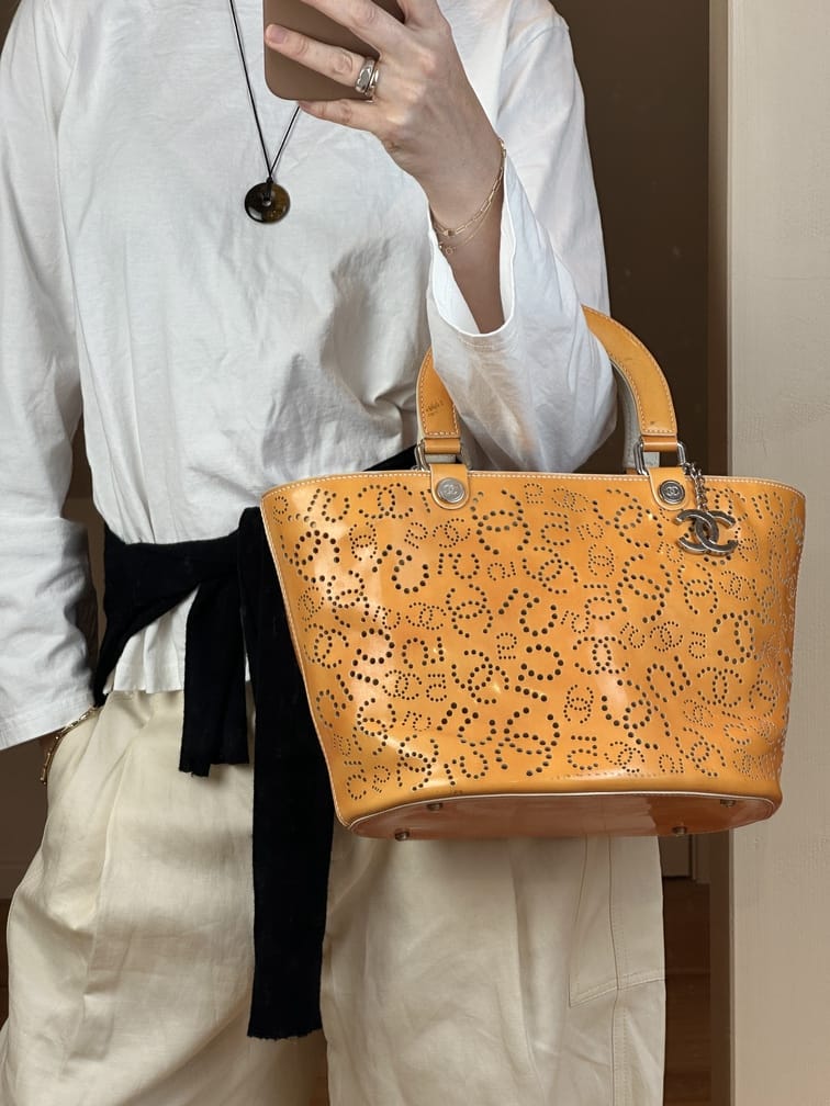 Vintage Chanel Perforated CC Patent Leather Tote Bag