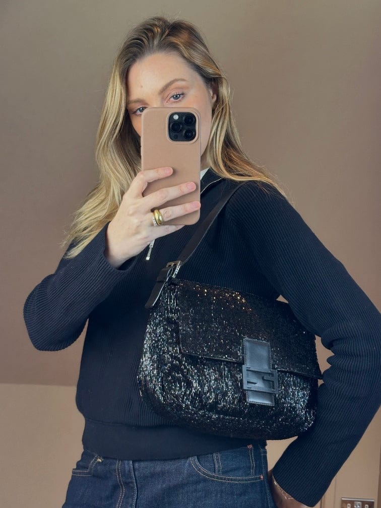 Vintage Fendi Mamma Baguette Black Sequin Shoulder Bag