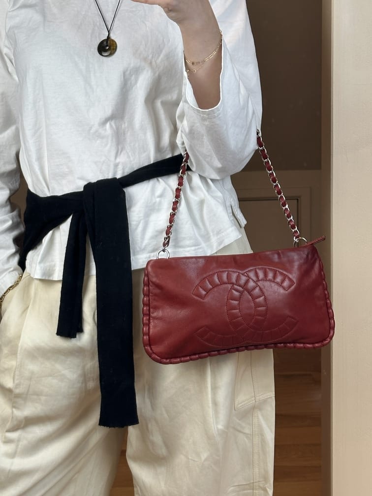 Vintage Chanel Red Leather Chain Shoulder Bag