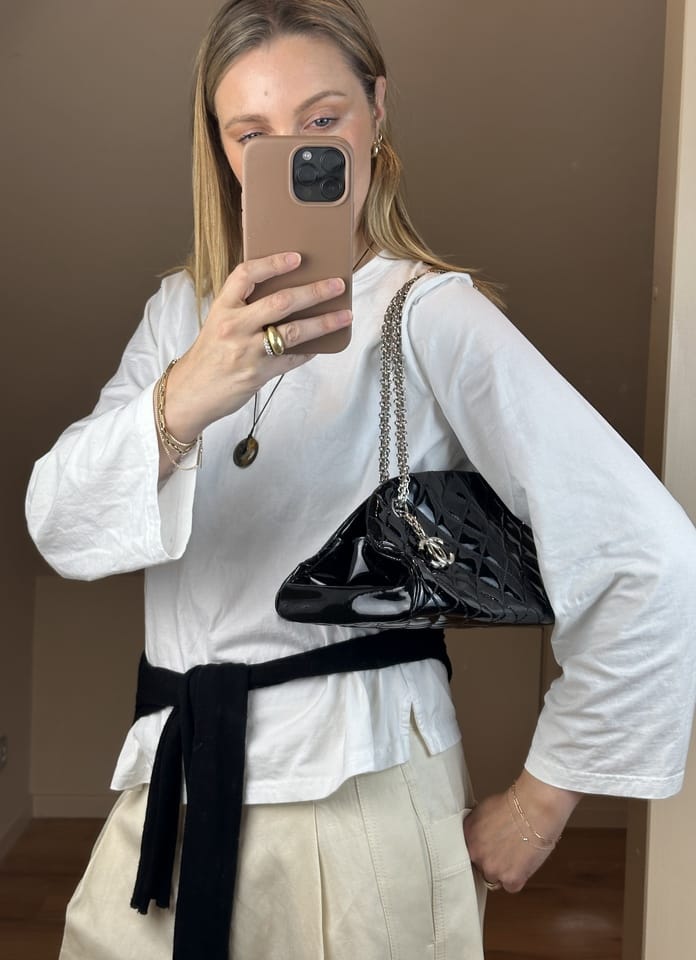 Vintage Chanel Mademoiselle Bowling Bag in Black Patent Leather